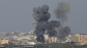 Smoke rises after an explosion in the northern Gaza Strip